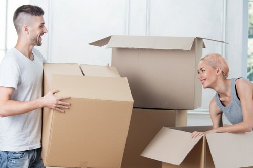 Packed boxes and furniture prepared for short-term storage in Mertonpark