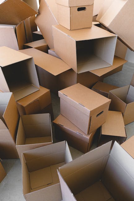A man with dark, curly hair and a beard, dressed in a light-colored t-shirt, is holding a large cardboard box labeled 'OFFICE' in black text with a 'MEDIUM' size indicator on it. He is inside a bright