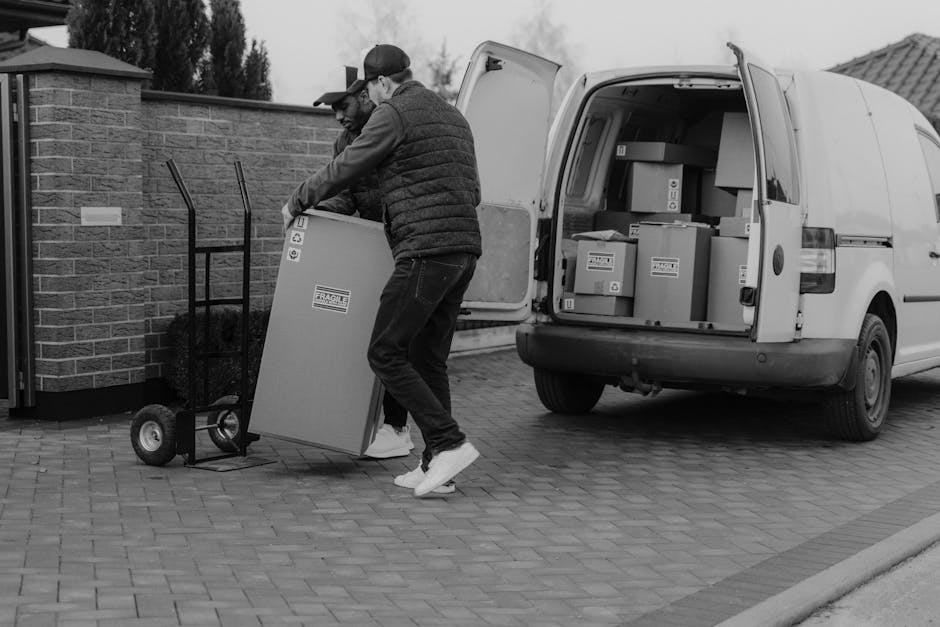A professional mover from Storage Merton Park is loading the back of a white moving van parked outside a modern building with large glass windows. The mover is dressed in office casual clothing includ